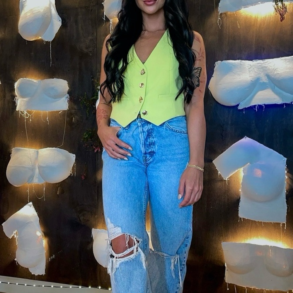Lime yellow / green vest top with gold buttons